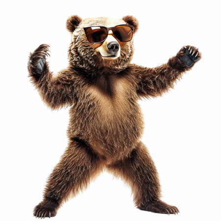 3D rendering of a brown bear wearing sunglasses isolated on white background