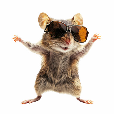 Cute rat with sunglasses isolated on white background. Studio shot.の写真素材
