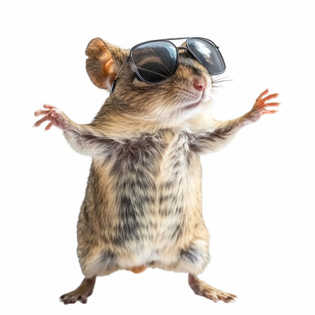 Funny hamster with sunglasses isolated on white background. Close up.の写真素材