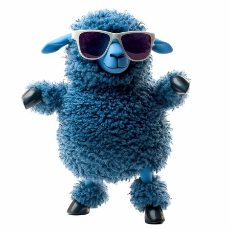 3D rendering of a blue sheep with sunglasses isolated on white backgroundの写真素材