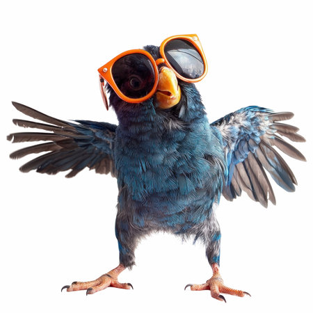 3D rendering of a blue crow with sunglasses isolated on white backgroundの写真素材