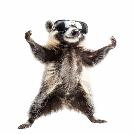 Cute raccoon with sunglasses isolated on white background. Studio shot.の写真素材