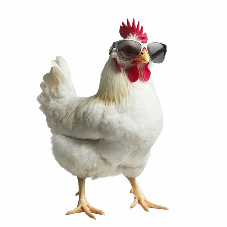 White rooster with sunglasses isolated on white background with clipping path.の写真素材