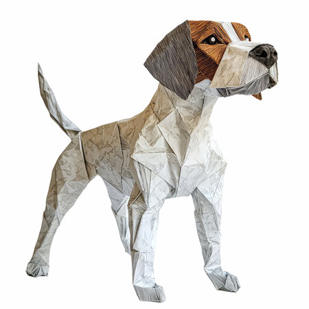 3D rendering of a dog made of crumpled paper isolated on white backgroundの写真素材
