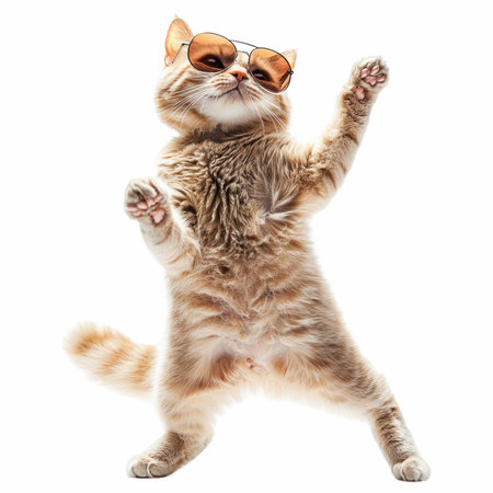 Cute cat in sunglasses jumping. Isolated on white background.の写真素材