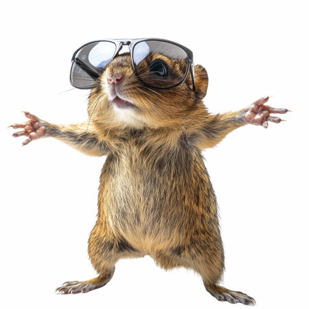 3D rendering of a cute squirrel wearing sunglasses isolated on white backgroundの写真素材