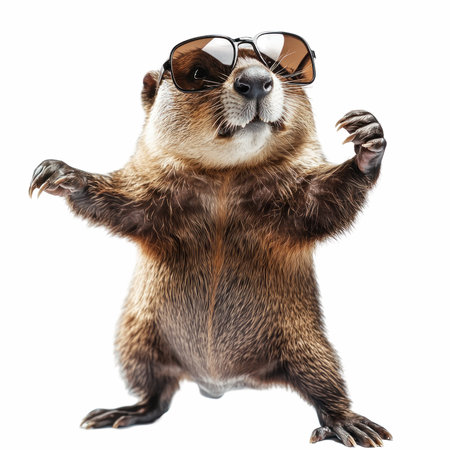 3D rendering of a beaver wearing sunglasses isolated on white backgroundの写真素材