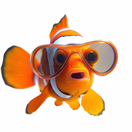 Clown anemonefish with sunglasses isolated on white background.