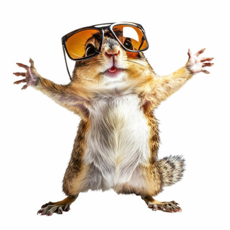 Funny chipmunk with sunglasses. Isolated on white background. Mixed mediaの写真素材