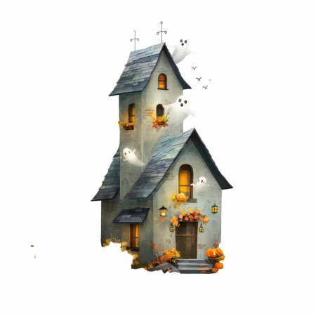 Explore a whimsical and charming haunted house illustrated with friendly ghosts, vibrant autumn decorations, and a playful atmosphere.の写真素材