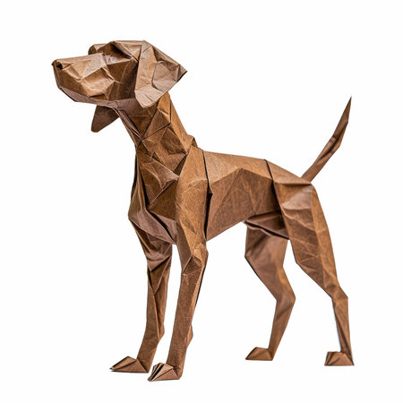 Origami brown dog made of crumpled paper isolated on white backgroundの写真素材