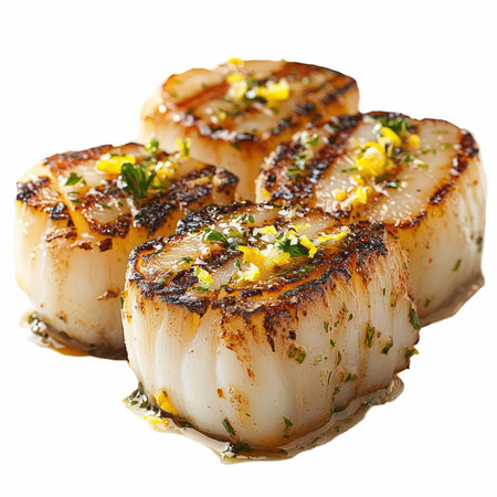 Grilled scallops isolated on white background. Clipping pathの写真素材