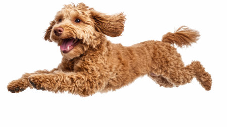 Australian Labradoodle dog jumping isolated on a white background, studio shot