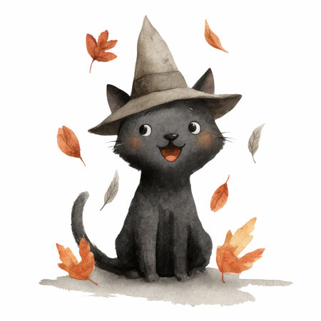 A charming watercolor illustration depicting a cheerful black cat in a witch hat, surrounded by vibrant autumn leaves. A delightful fall scene!の写真素材