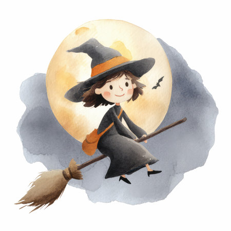 This charming illustration features a cheerful little witch happily flying on her broomstick beneath a glowing moon, with a playful bat nearby. Perfect for Halloween themes!の写真素材