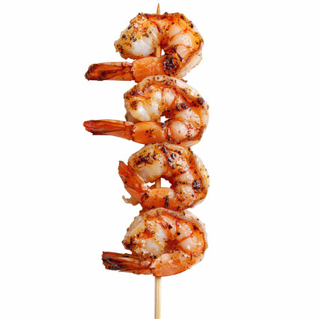 Grilled tiger prawns on a skewer isolated on white backgroundの写真素材