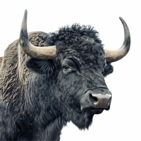 Black bison head isolated on white background with clipping path, front viewの写真素材