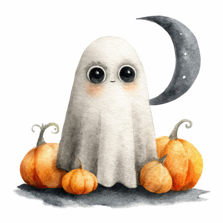 This charming watercolor illustration features a cute friendly ghost with big eyes, surrounded by pumpkins and a whimsical moon, perfect for Halloween themes.の写真素材