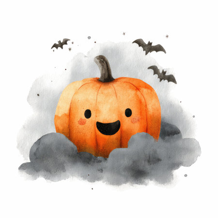 Adorable watercolor illustration featuring a cute, smiling pumpkin surrounded by soft clouds and playful bats, perfect for Halloween decor.の写真素材
