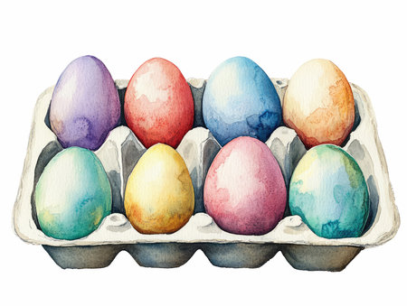 Easter eggs in carton box. Watercolor hand drawn illustrationの写真素材