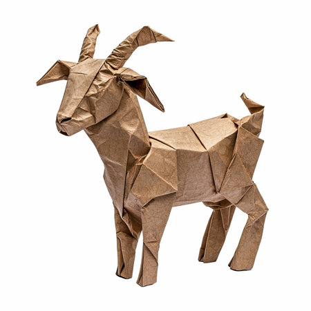 Paper origami goat isolated on white background, clipping path included.の写真素材