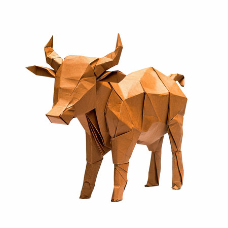 Origami brown paper bull isolated on white background with clipping path.の写真素材