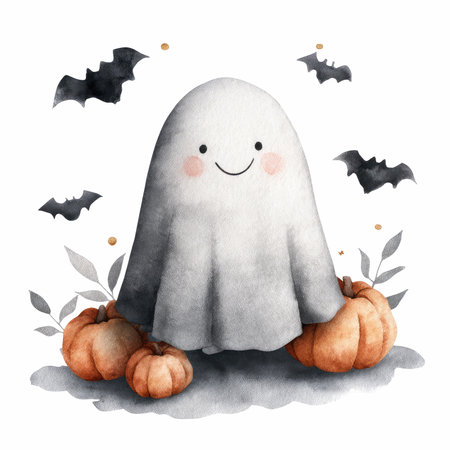 This charming watercolor illustration features a cute ghost surrounded by pumpkins and bats, perfect for adding whimsical Halloween vibes to any project.の写真素材