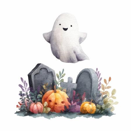 This charming watercolor illustration features a cheerful ghost hovering over pumpkins and gravestones, perfect for Halloween-themed artwork.の写真素材