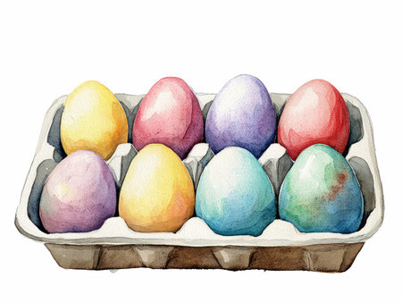 Easter eggs in egg carton. Watercolor hand drawn illustrationの写真素材