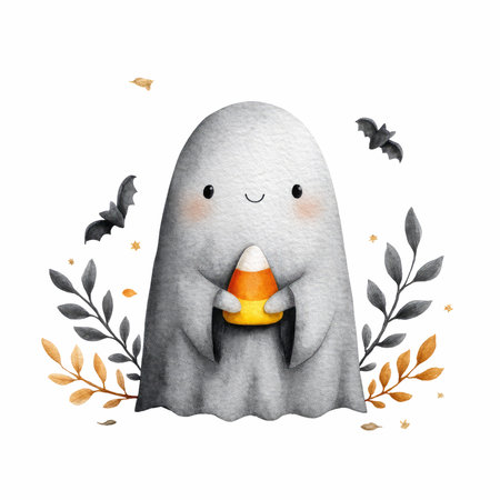 This charming watercolor illustration features a happy ghost gently holding a piece of candy corn, surrounded by autumn leaves and playful bats, perfect for Halloween decor.の写真素材