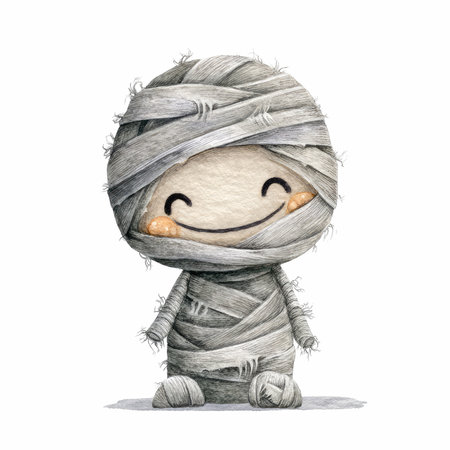 This delightful watercolor illustration features a joyful mummy character wrapped in playful bandages, exuding happiness and charm. Perfect for children&#39;s themes.の写真素材