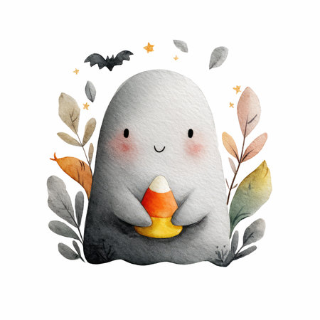 This charming watercolor illustration features a happy character joyfully holding candy corn amidst colorful autumn leaves and a bat. Perfect for seasonal decor!の写真素材