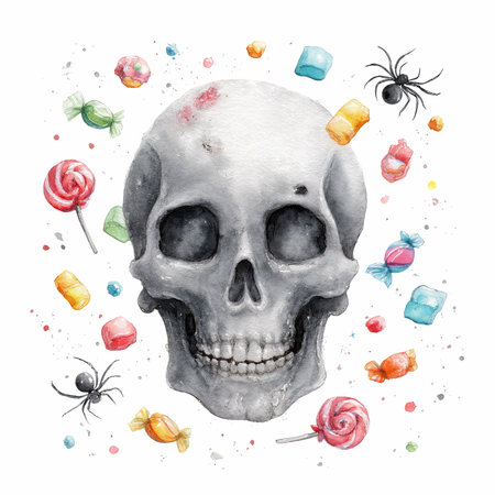 Discover a whimsical watercolor illustration featuring a skull amidst colorful candies and playful spiders, perfect for festive decor and Halloween themes.の写真素材