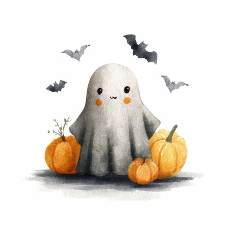 This charming watercolor illustration features a cute and friendly ghost character surrounded by pumpkins and playful bats, perfect for Halloween-themed projects.の写真素材