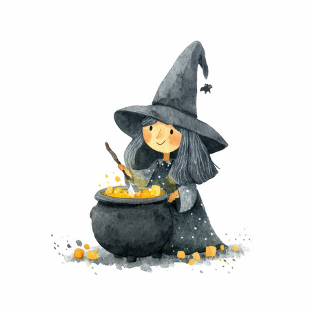 A cheerful witch with a tall hat mixes potions in her cauldron, creating a whimsical and enchanting scene full of magic and joy.の写真素材