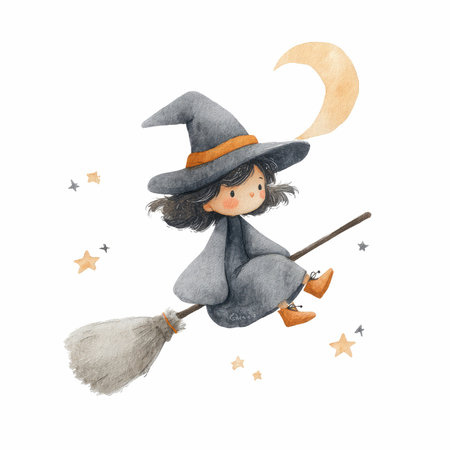 This adorable watercolor illustration features a playful witch joyfully flying on her broomstick under a crescent moon and twinkling stars.の写真素材