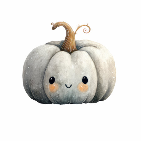 This adorable watercolor illustration features a cute pumpkin character, perfect for adding a whimsical touch to autumn and Halloween decor.の写真素材