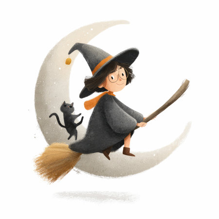 A vibrant and whimsical illustration of a playful little witch flying on her broomstick with a cat, perched on a crescent moon, radiating joy.の写真素材