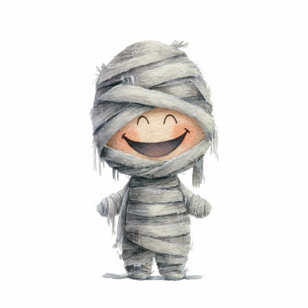 This delightful watercolor illustration features an adorable mummy character exuding joy and charm. Perfect for children&#39;s art and whimsical designs!の写真素材