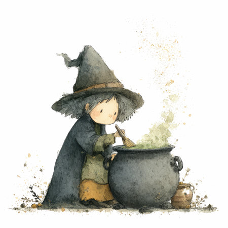 This watercolor illustration depicts a lovable witch happily stirring her cauldron, creating a magical potion in a whimsical setting.の写真素材