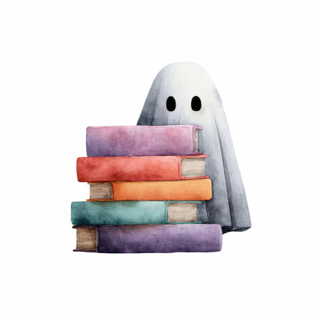 A whimsical illustration of a curious little ghost peeking from behind a stack of colorful books, perfect for children&#39;s storytelling and educational themes.の写真素材