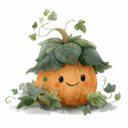 This charming watercolor illustration features an adorable pumpkin character adorned with green leaves and vines, exuding a cheerful vibe perfect for autumn themes.の写真素材