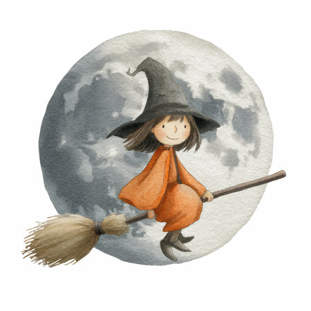 This charming illustration depicts a cheerful little witch flying on her broomstick under a full moon, embraced by soft clouds.の写真素材