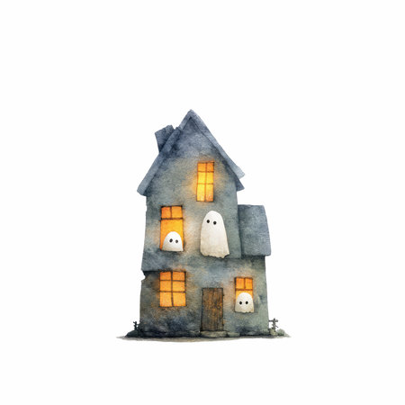 This delightful miniature haunted house features smiling ghosts, warm glowing windows, and an enchanting design, perfect for adding a whimsical touch to Halloween celebrations.の写真素材