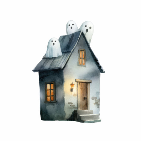 This enchanting watercolor illustration features a charming haunted house topped with friendly ghosts. Perfect for Halloween themes, it captures a playful yet spooky atmosphere that appeals to all ages.の写真素材