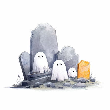 This whimsical watercolor illustration features adorable ghosts playfully peeking from behind gravestones, capturing a delightful Halloween spirit.の写真素材
