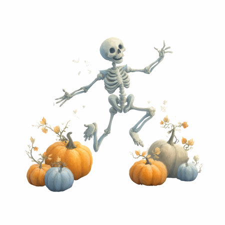 This enchanting watercolor illustration features a playful skeleton dancing joyfully among vibrant pumpkins and delicate flowers, capturing the spirit of autumn.の写真素材