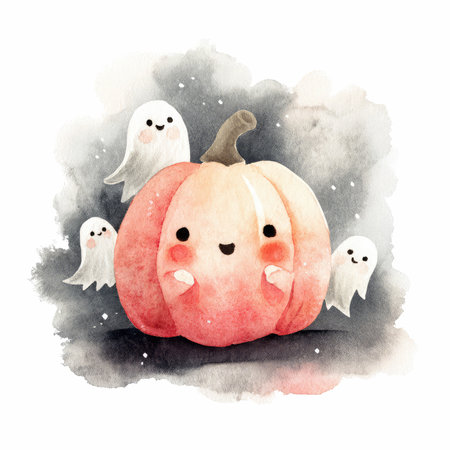 Adorable watercolor illustration features a smiling pumpkin with playful ghosts, perfect for Halloween-themed decorations, cards, and art prints.の写真素材