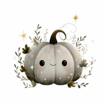 This adorable gray pumpkin features a smiling face and is beautifully surrounded by soft greenery and twinkling stars, perfect for autumn decor.の写真素材