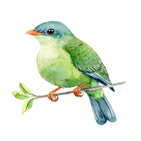 Watercolor bird on a branch isolated on white background. Hand drawn illustrationの写真素材
